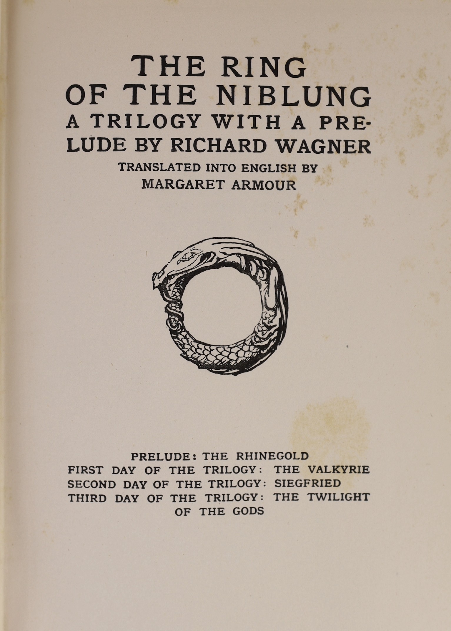 Wagner, Richard - The Ring of the Niblung ..., 2 vols., comprising The Rhinegold and the Valkyrie, and Siegfried and the Twilight of the Gods. pictorial titles, 64 coloured plates (mounted with captioned guards)